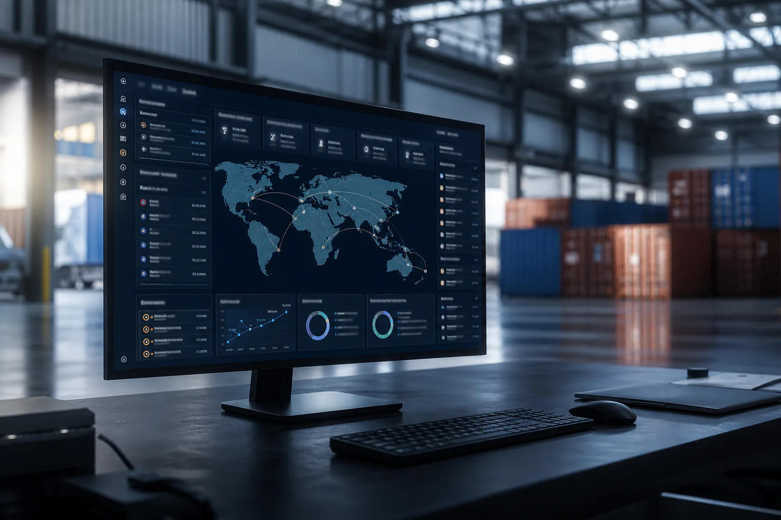 Modern logistics operation with trucks, container yard and warehouse — powered by Extraaaz Logistics OS
