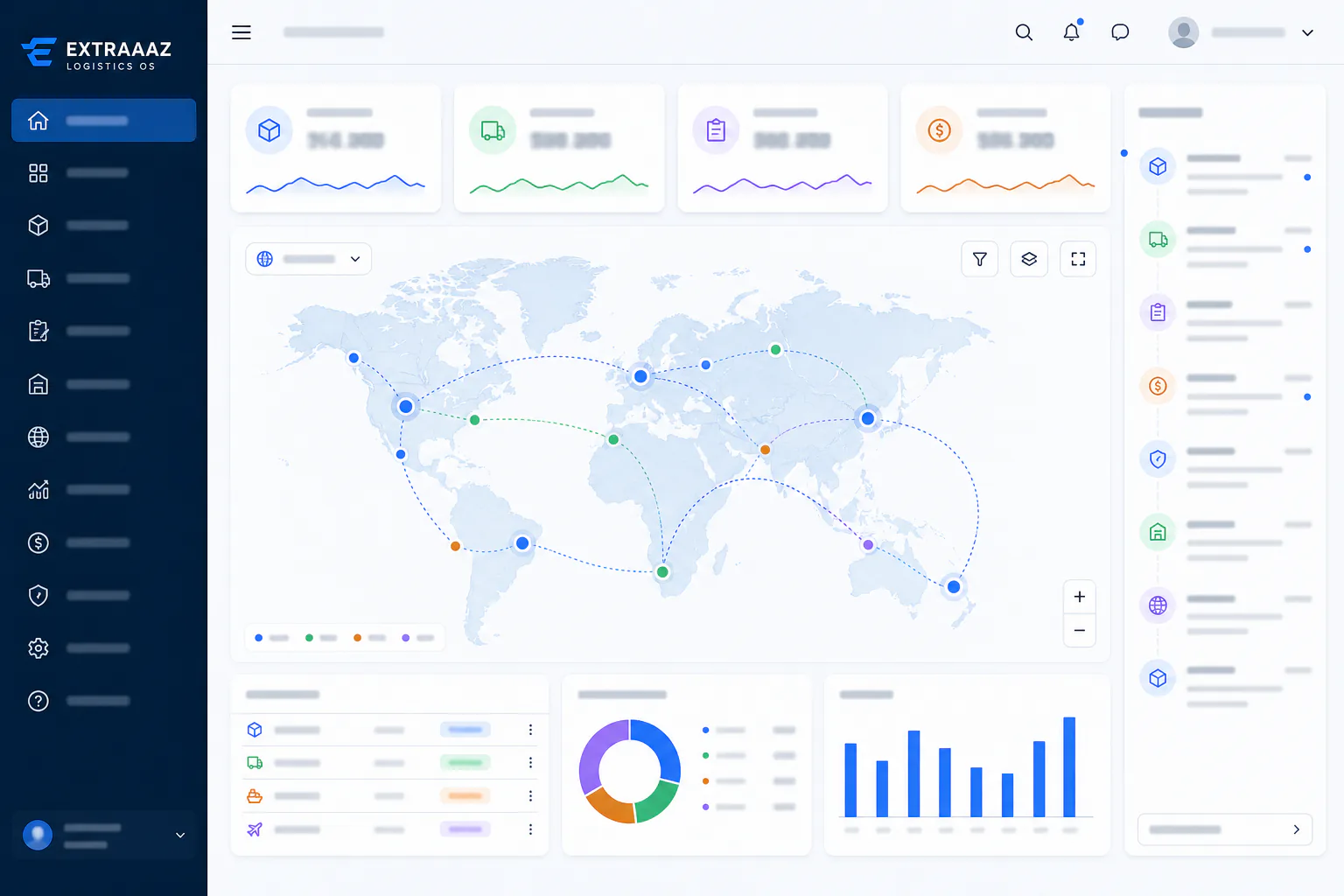 Extraaaz Logistics OS dashboard showing freight, transport and warehouse operations