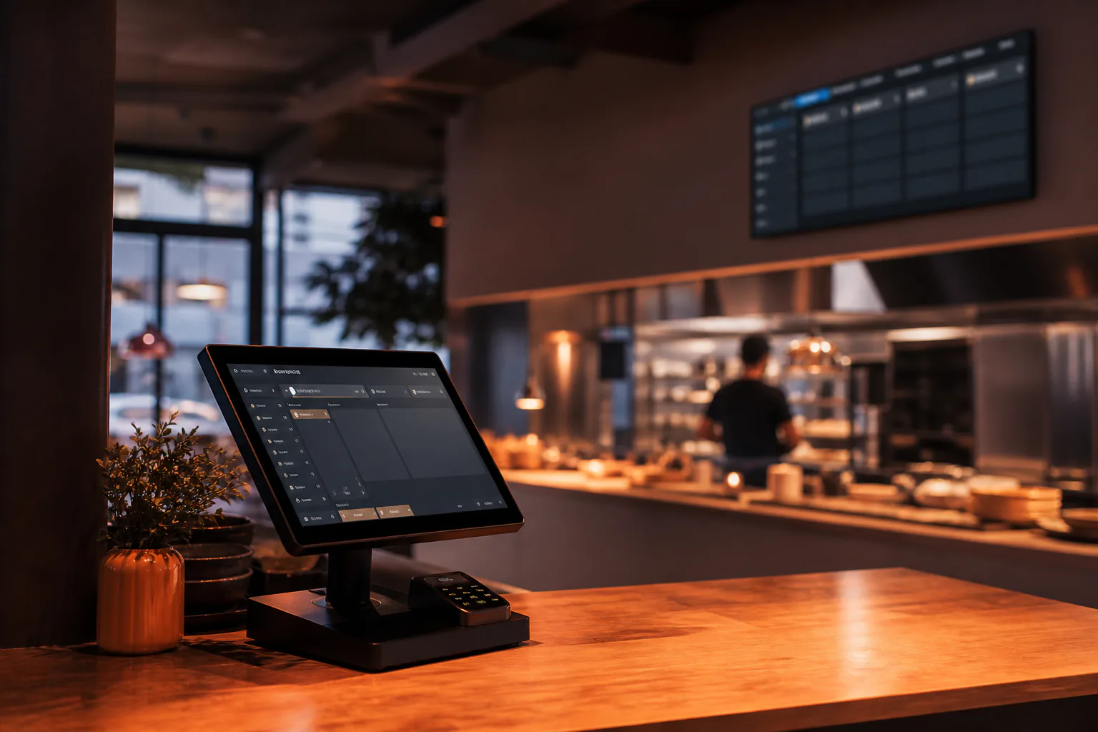 Extraaaz Restaurant OS running on a POS terminal in a modern restaurant with kitchen display in the background